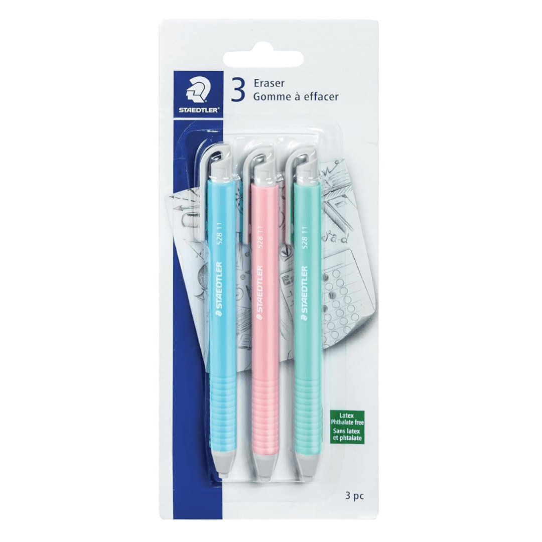 STAEDTLER Vinyl Eraser Holder 6-Pack (6 sets of 3 pcs): 3 Units Retractable Erasers for Pencils, Soft Vinyl, Latex-Free, Clean Edges, No Smudges, Pastel Colors, 18 Count