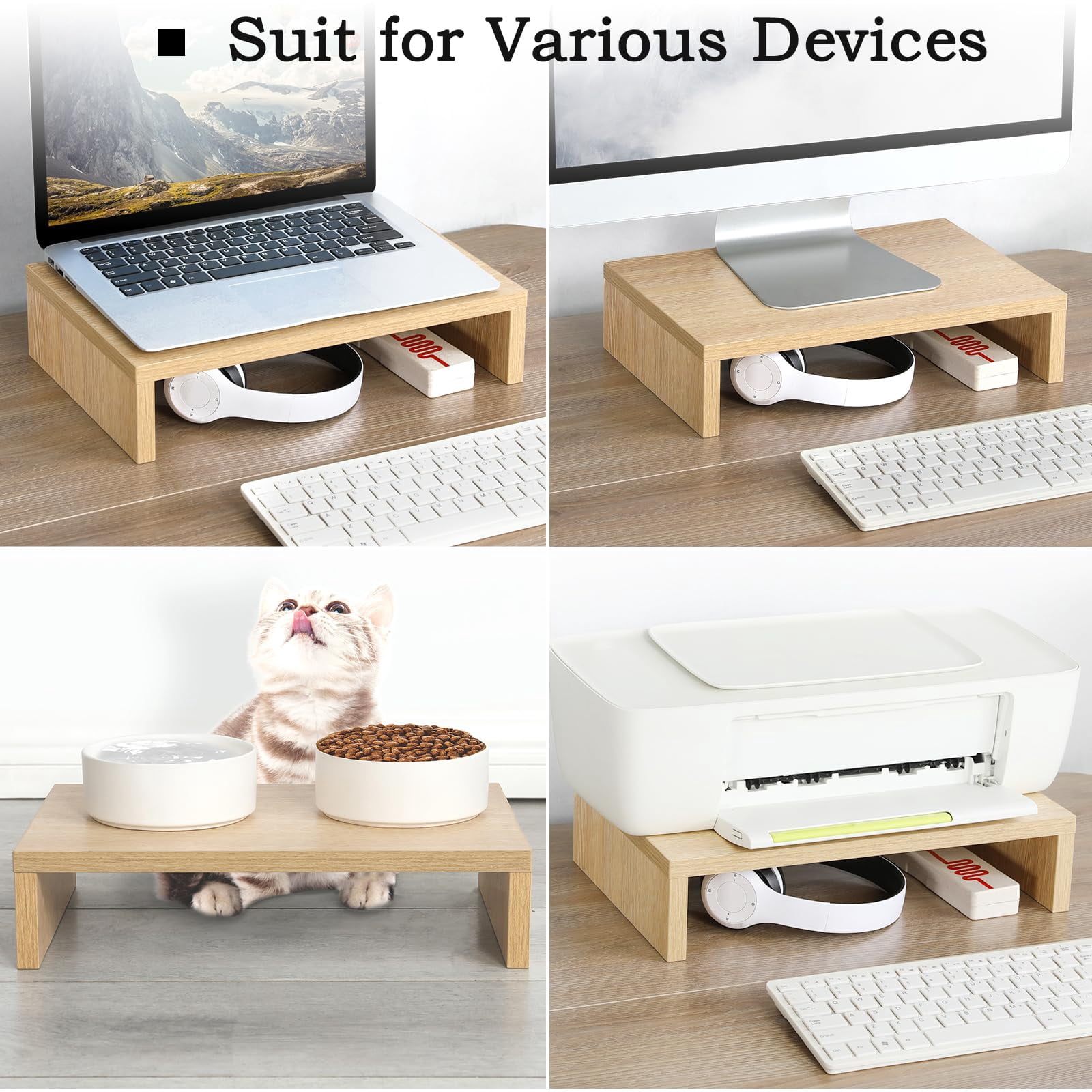 Wood Monitor Stand Riser - 2 Pack Adjustable Dual For Laptop/pc