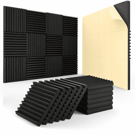 24 Pack Sound Proof Foam Panels for Walls 1 X 12 X 12 Self-Adhesive Foam Acoustic Panels Sound Absorbing High Density Quick-Recovery Soundproof Wall Panels Black