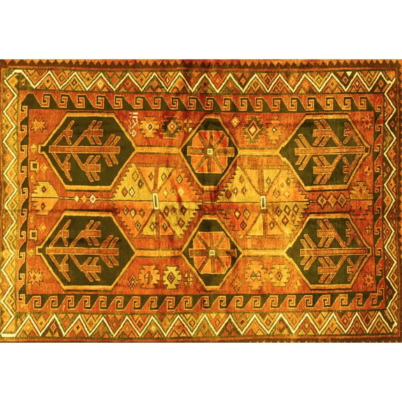 Ahgly Company Machine Washable Indoor Rectangle Persian Yellow Traditional Area Rugs, 5' x 7'