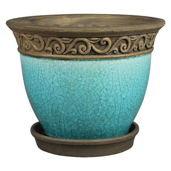 Cadiz 8 Inch Diameter Crackled Glazed Ceramic Indoor Outdoor Garden Planter Pot Urn with Saucer for Flowers, , and Plants, Teal