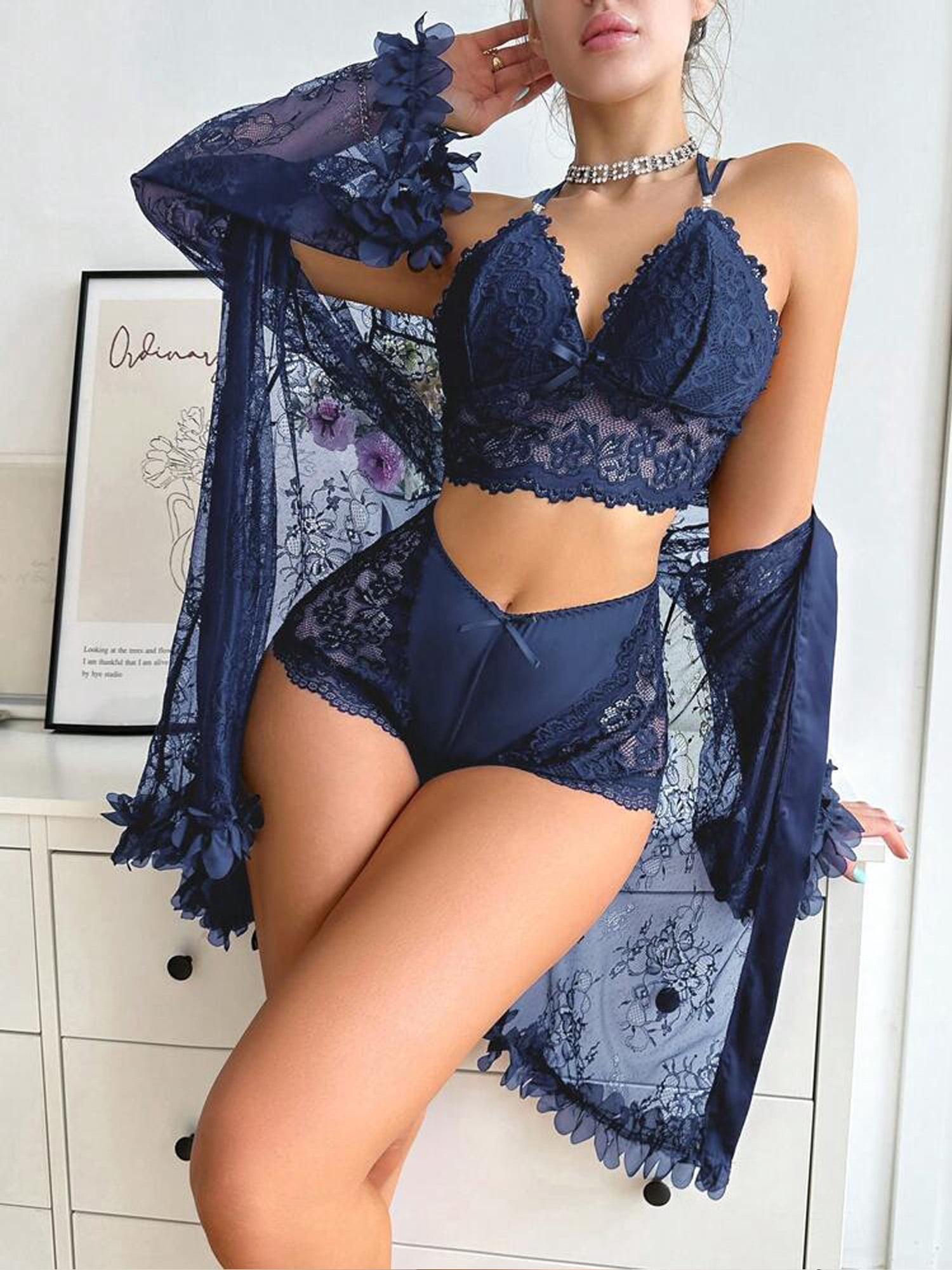 SHOWMALL Women Lingerie Sexy Babydoll Set Lace Chemise Nightgown, 3-Piece Lingerie with Robe Navy Blue 2X