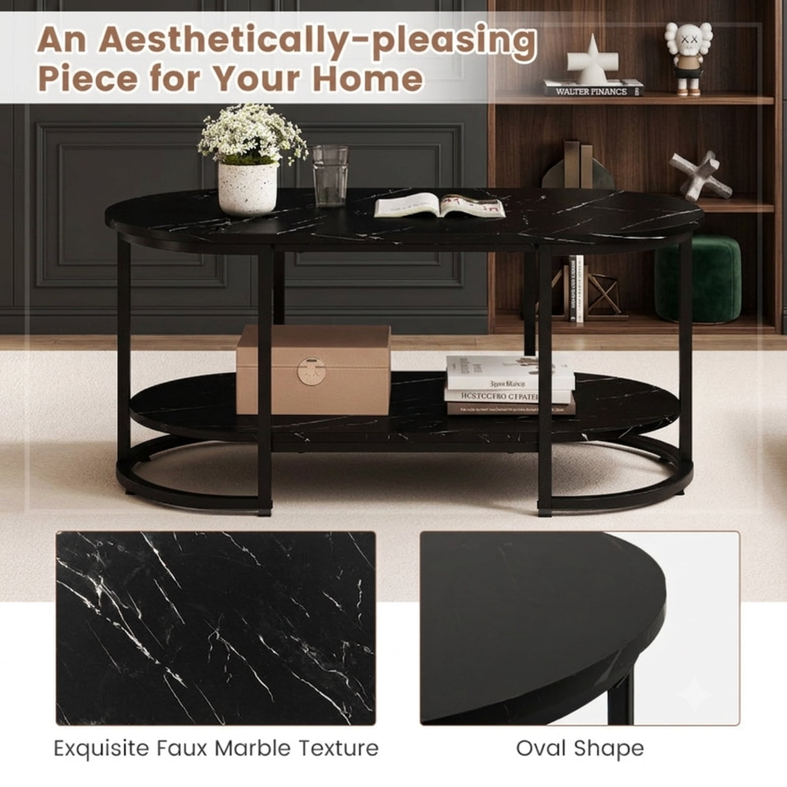 Furnibear 2-Tier Faux Marble Coffee Table with Open Storage Shelf and Powder-Coated Metal Frame for Living Room and Reception Room, Black