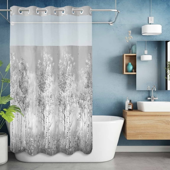 No Hook Shower Curtain with Snap in Liner, Birch Tree Grey Gradient Waterproof Bath Curtain Double Layers with See Through Top Window, Vintage Oil Painting Art Hotel Shower Curtains 36x72in