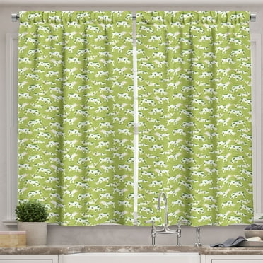 Ambesonne Cattle Kitchen Curtains, Bovines on Green Meadow, 55"x45", Apple Green Pale Orange