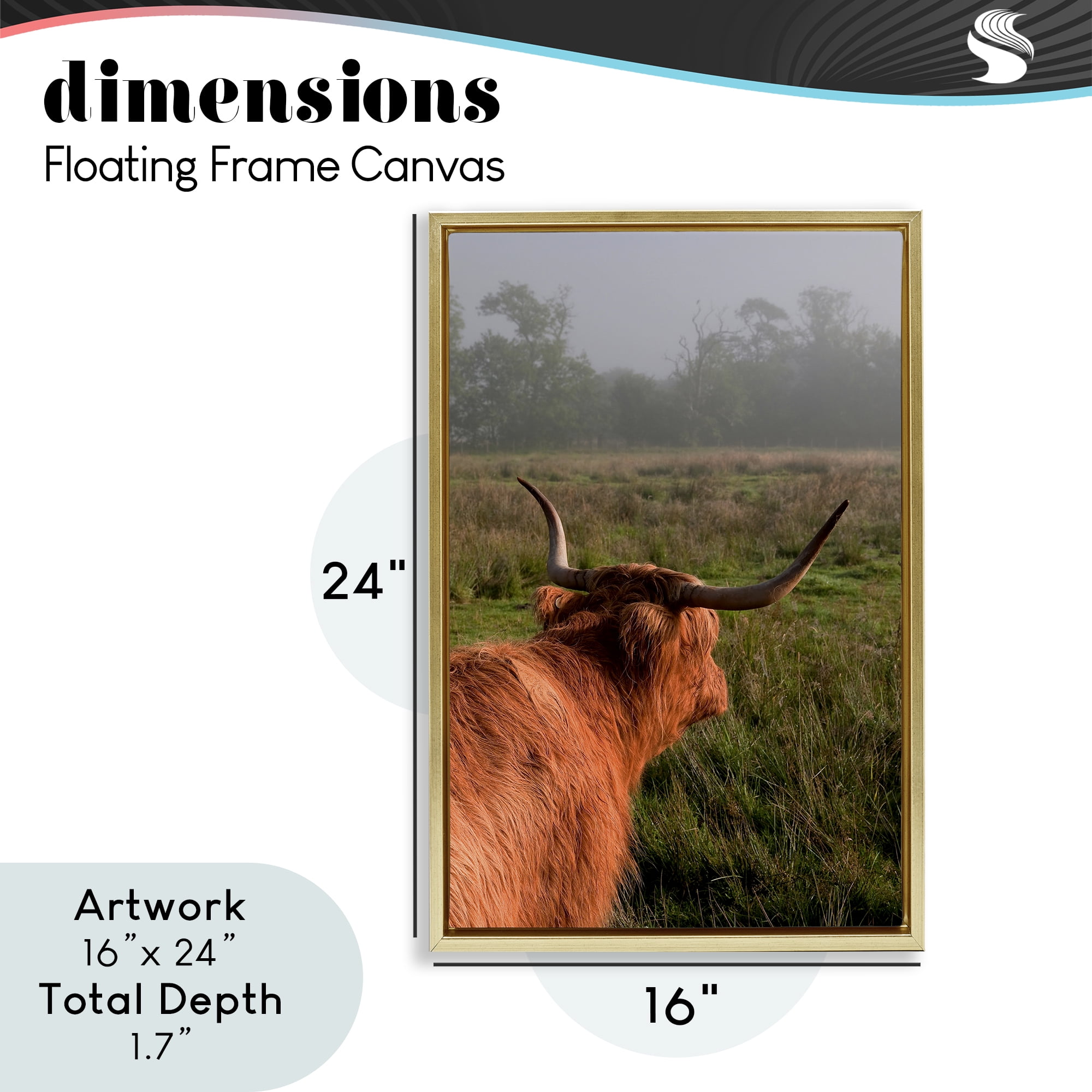 Highland Cow Gazing Out Gold Framed Floater Canvas Wall Art, design by Jenny Rainbow Fine Art