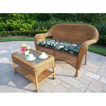 Oakland Living 2 Piece Resin Wicker Loveseat & Table Set with Cusion