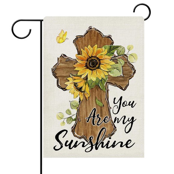 shiyou-Summer Christian Cross Sunflower Decorative Garden Flag, Spring You are My Sunshine Flower Yard Outside Home Decoration, Religious Floral Burlap Outdoor Small Decor Double Sided 12 x 18
