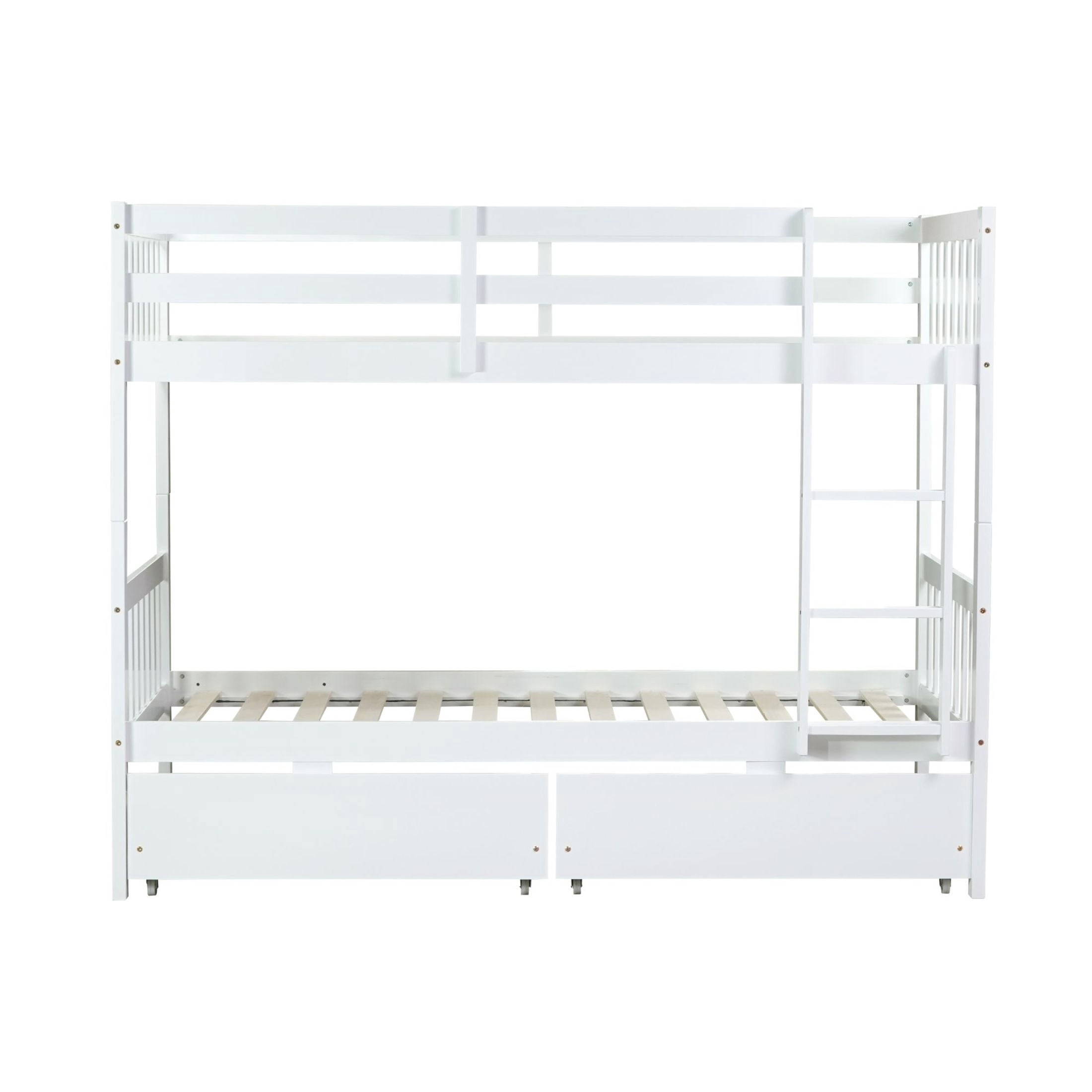 Noble House Twin Over Twin Rubber Wood Bunk Bed, Convertible Design with Ladder, Guardrails and Storage Drawers, White