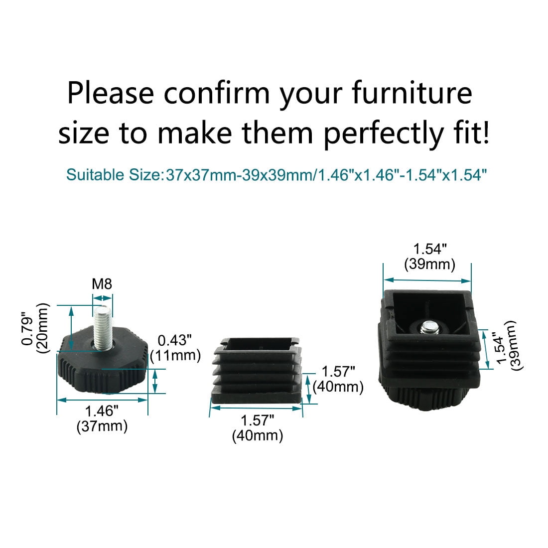 Uxcell 4-Pack Adjustable Leveling Feet - 20x20mm Square Insert, M8 Thread For Furniture & Equipment