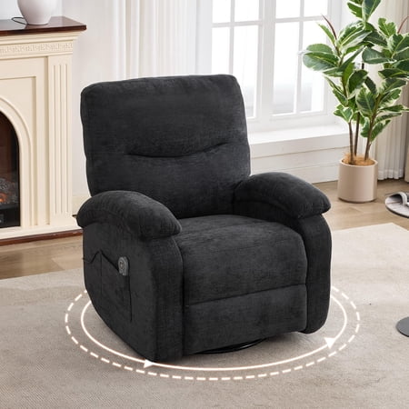 Swivel Recliner Chair for Adults, 360° Swivel Rocker Recliner with Massage and Heating, Nursery Rocking Chairs with Side Pockets, Manual Reclining Chair for Living Room, Bedroom or Nursery (Black)