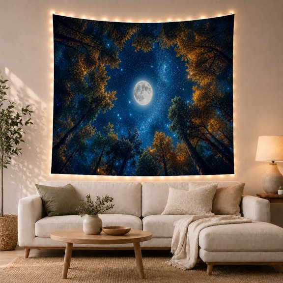 Full Moon Over Night Forest with Starry Sky, Mystical Celestial for Nature Lovers, Celestial Wall Art, Housewarming Gift, Tapestry Wall Hanging for Bedroom and Living Room