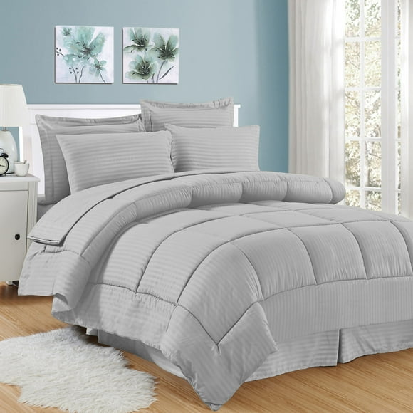 Sweet Home Collection 8 Piece Comforter Set Bag with Unique Design, Bed Sheets, 2 Pillowcases & 2 Shams Down Alternative All Season Warmth, King, Dobby Silver