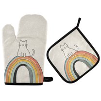 Yayeee Oven Mitts and Pot Holder Set of 2 Heat Resistant Kitchen Gloves Baking Hot Pad, White Cat Rainbow