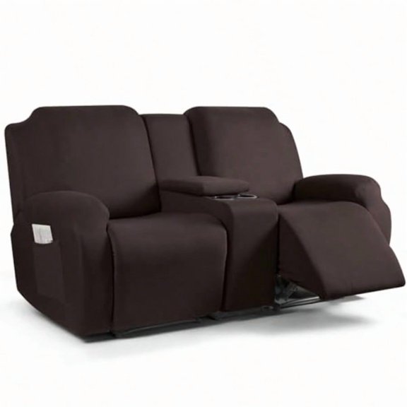 Reclining Loveseat with Middle Console Slipcover 4 Piece Polyester Fabric Stretch Loveseat Reclining Sofa Covers Coffee 2 Seat Recliner Cover with Console