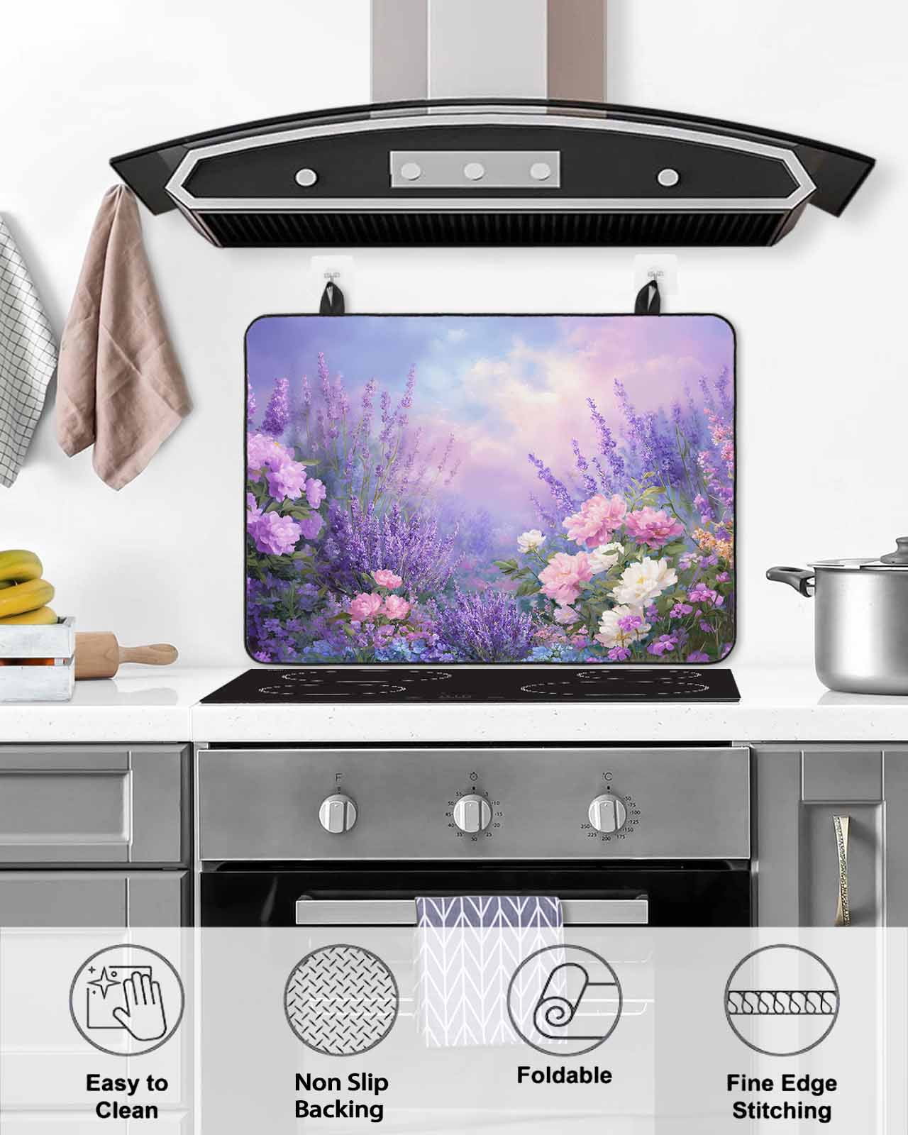 Large Induction Cooktop Protector Mat Purple Lavender Stove Top Covers for Electric Stove, Spring Watercolor Country Wildflowers Decorative Stove Burner Cover Mats, Glass Top Stove Cover