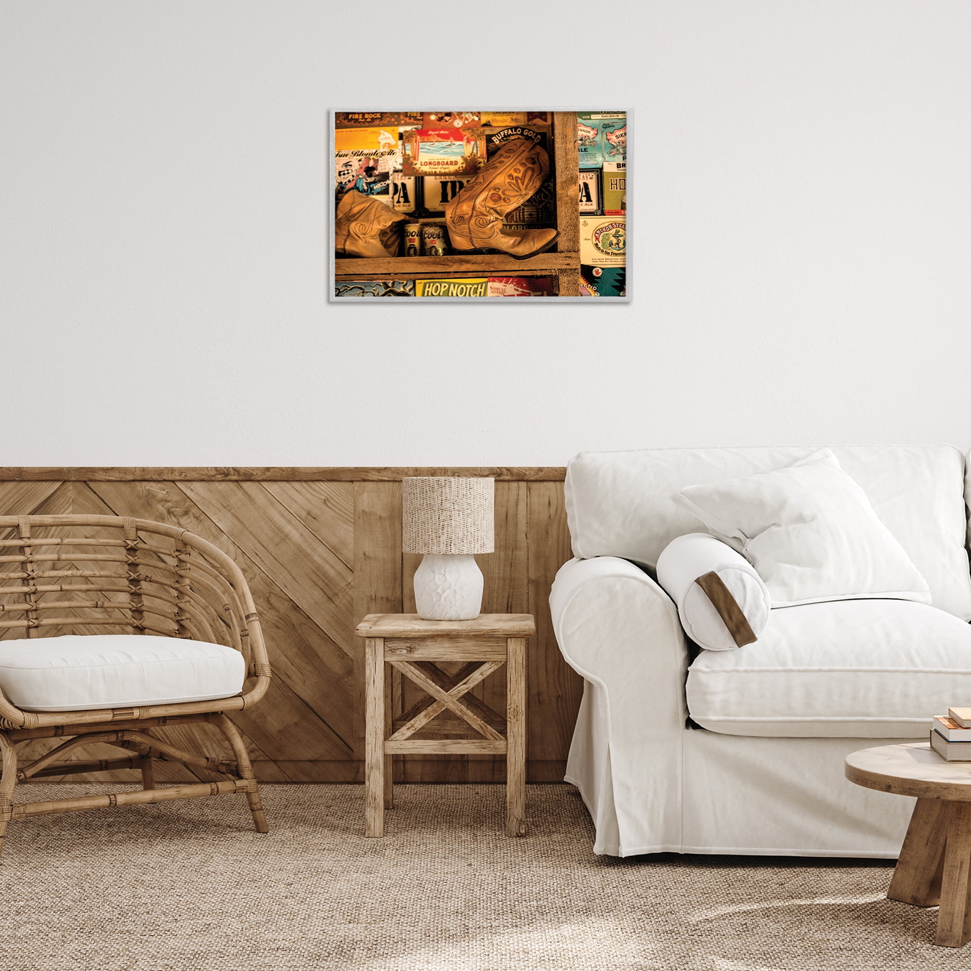 Stupell Industries Western Boots on Shelf Beauty & Fashion Painting Gray Framed Art Print Wall Art, 24 x 16
