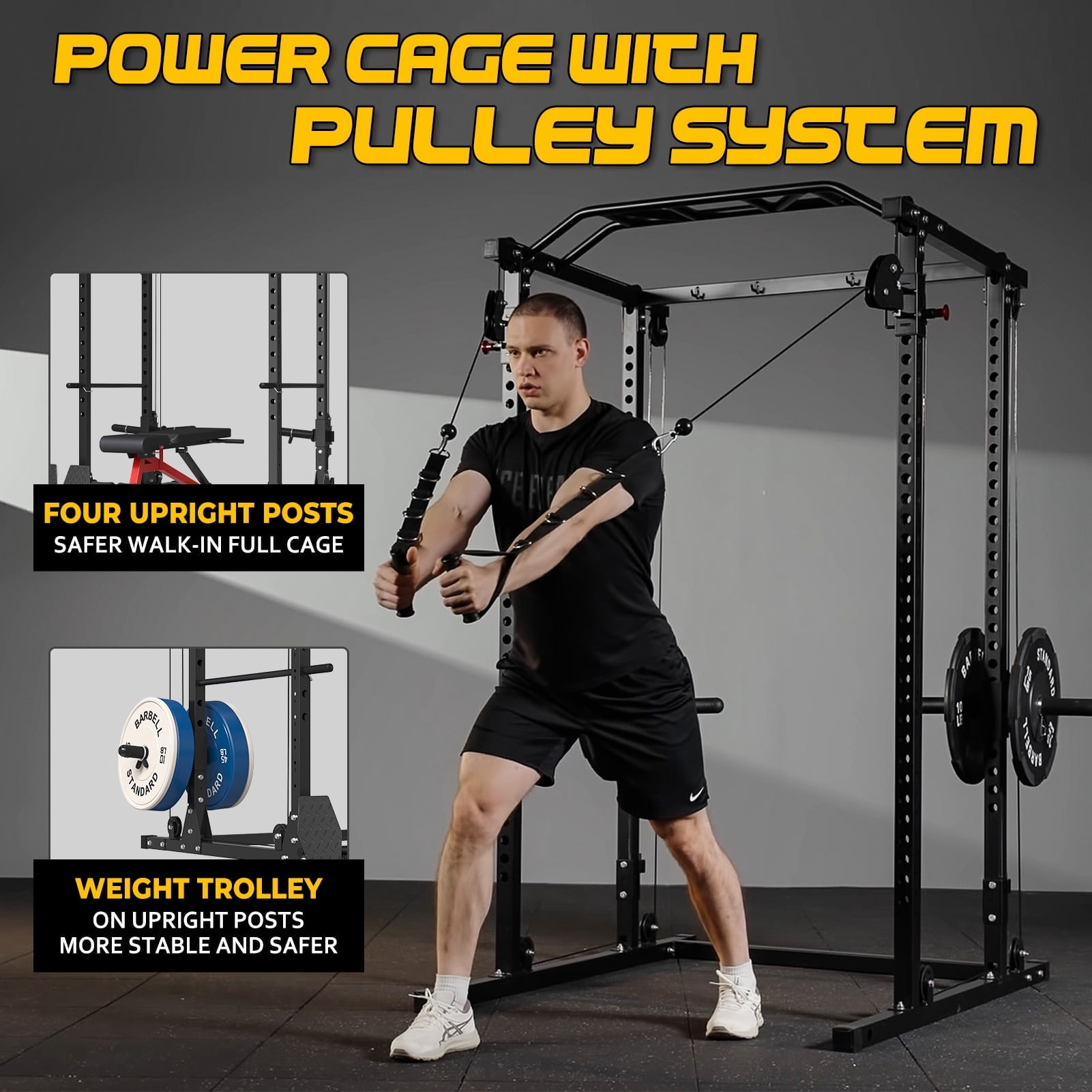 Mikolo Power Cage, Squat Rack with Dual Pulley Cable Crossover System, Multi-function Free Weight Home Gym Workout Machine