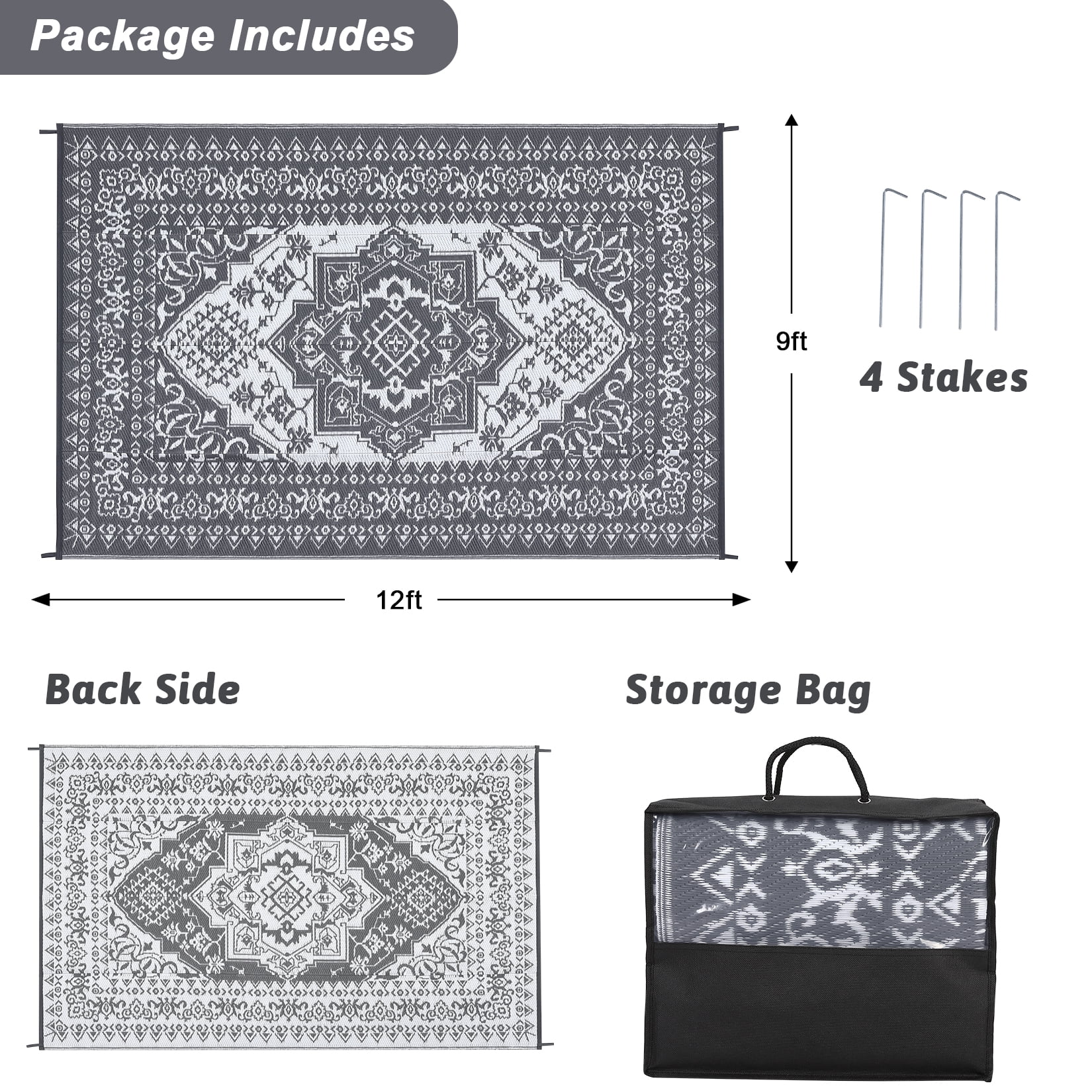 ZACOO Outdoor Reversible Mats Geometric Plastic Straw Rug Waterproof 9x12 Feet Reversible Patio Rug Outdoor Camping Rug for Beach, Grey/White