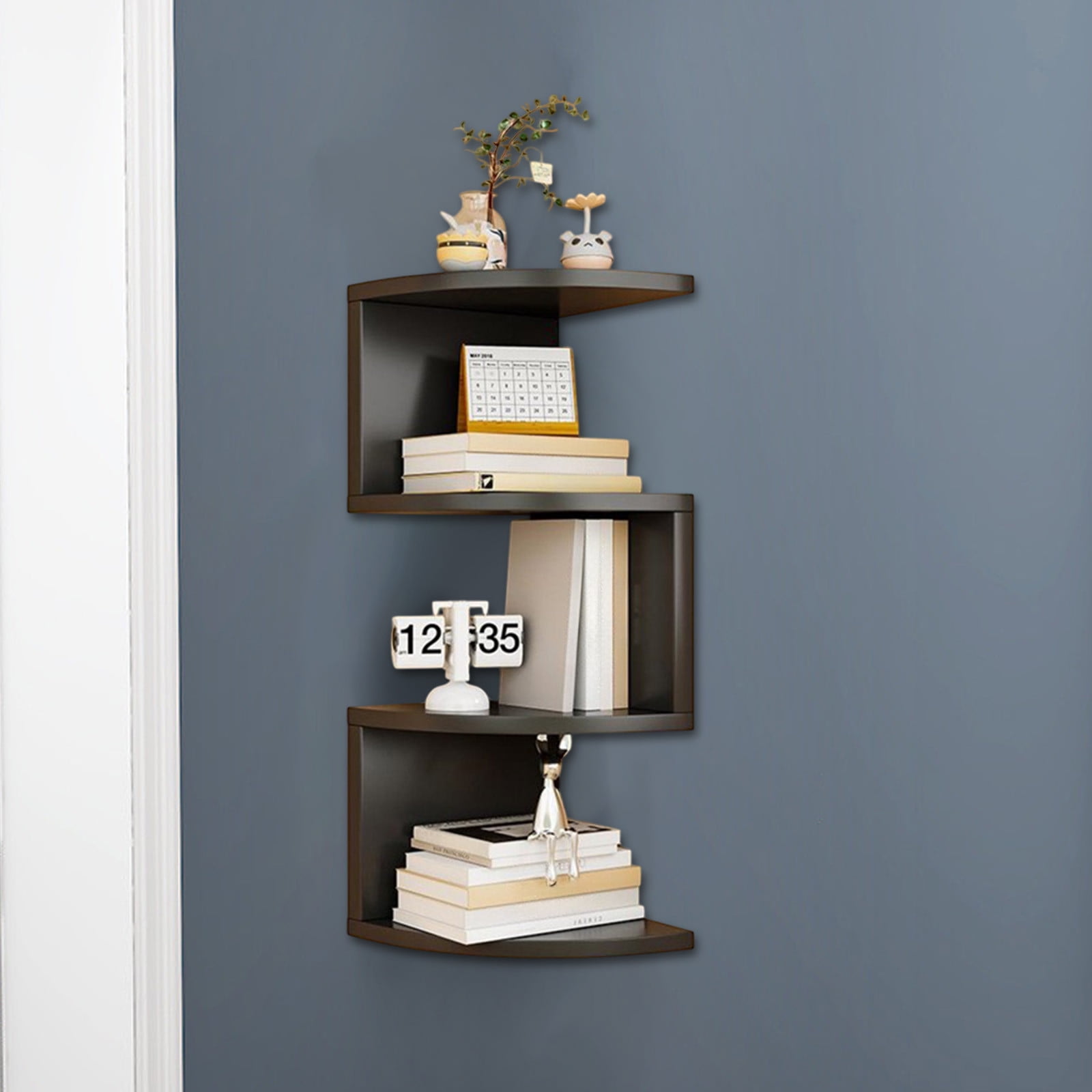 Corner Shelf Wall Mount, 4-Tier Floating Corner Bookshelf with Rounded Edge, Plant Shelf for Bedroom, Living Room, Bathroom, Home Office, Black