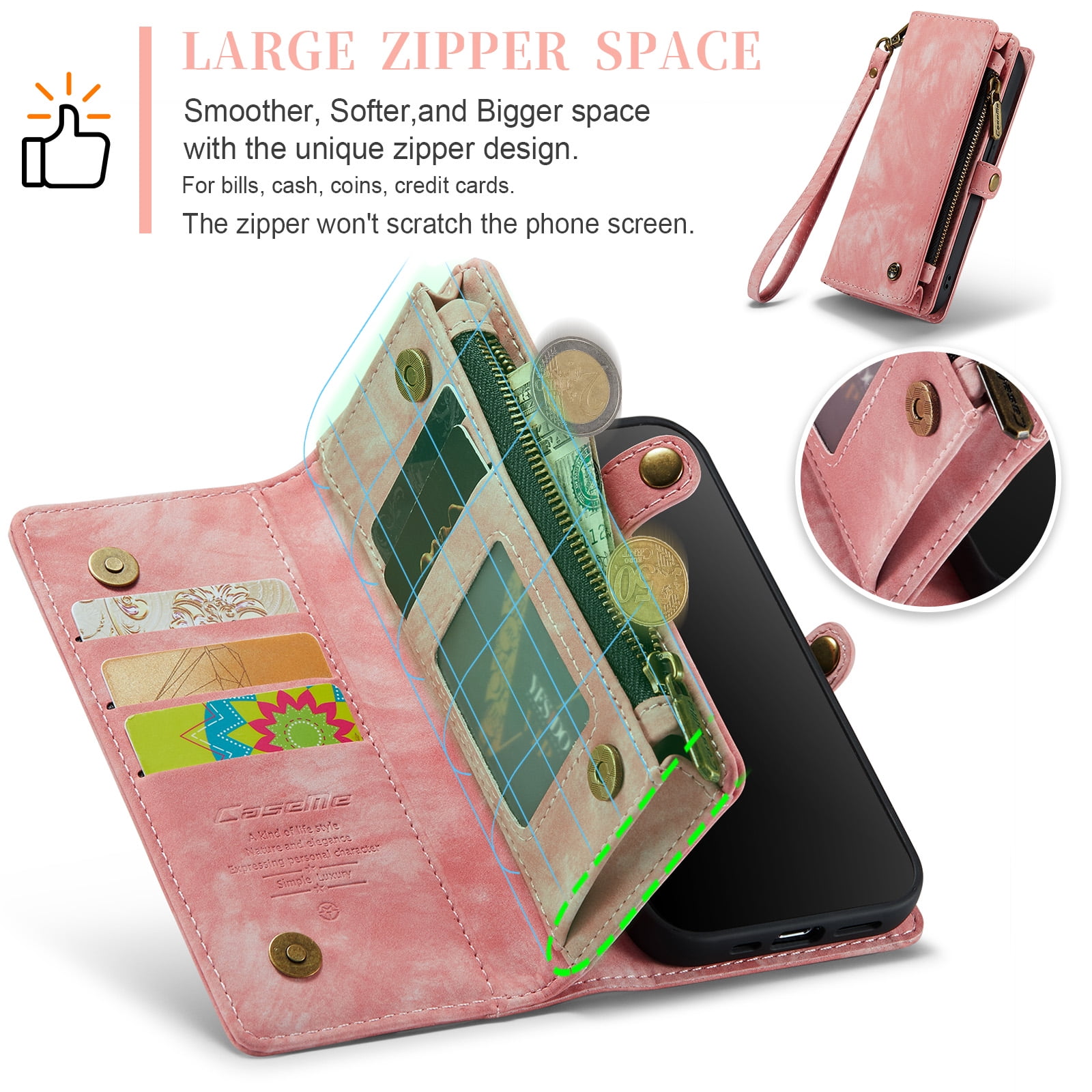 Feishell Durable 2-In-1 Magnetic Detachable Wallet Case for iPhone 12 / iPhone 12 Pro,for Women Men,Premium PU Leather Zipper Pocket Flip Multi Card Slots Purse Phone Case with Wrist Strap,Pink