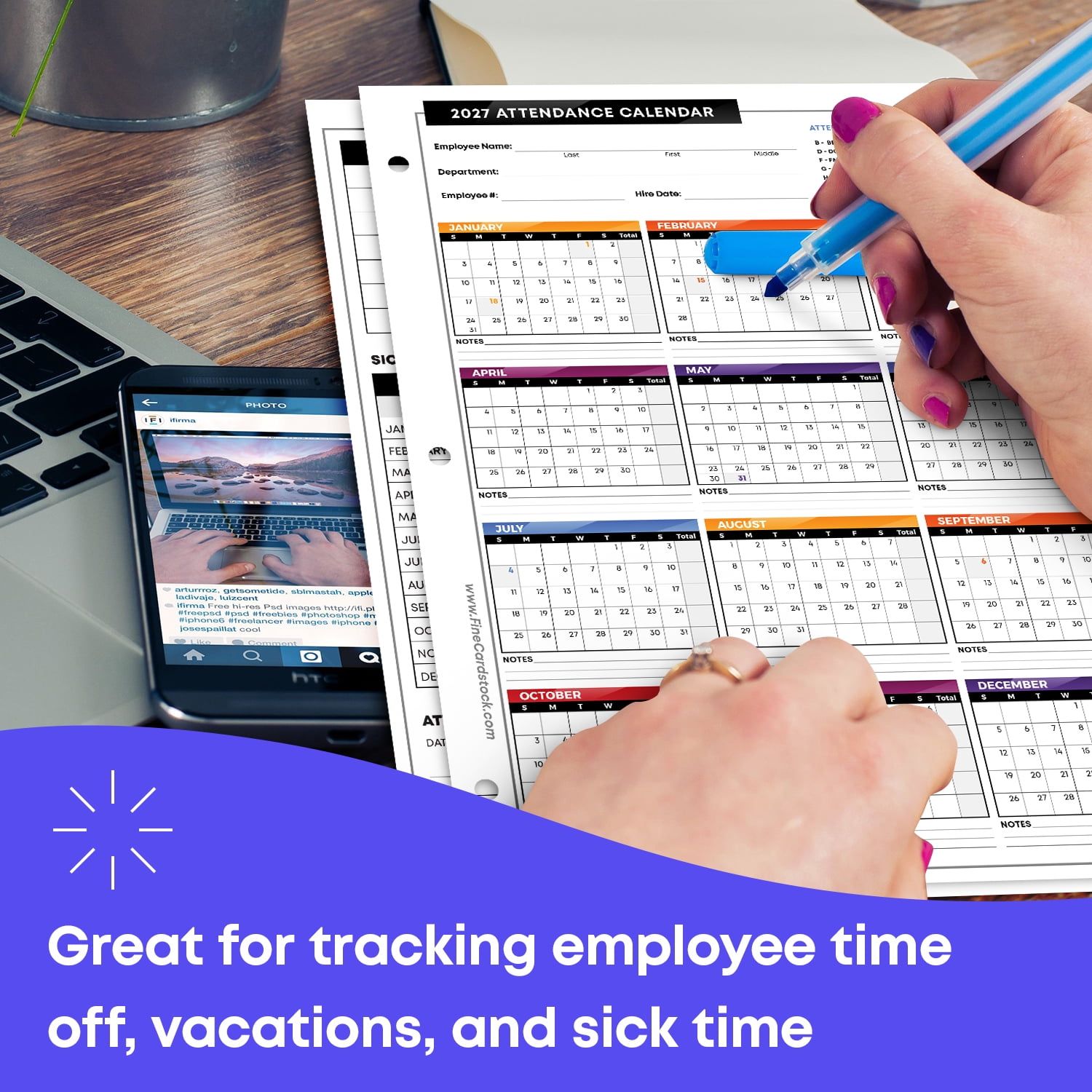 2027 Attendance Calendar Card Stock Paper – Great Employee Work Tracker | Bright & Colorful, Printed on Durable & Thick 80lb Cover (216gsm) Cardstock | 3 Hole Punched | 8.5 x 11" | 25 Sheets per Pack