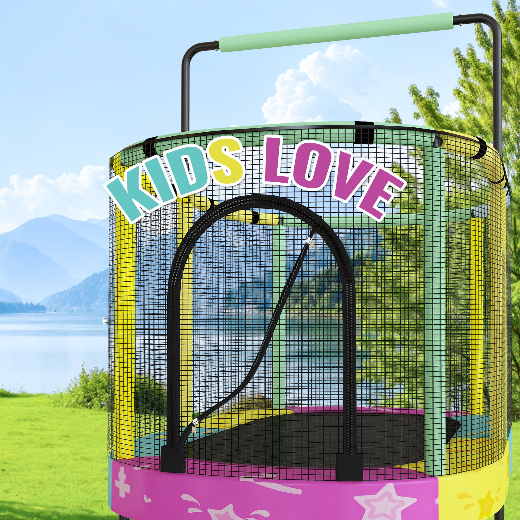 MOOSENG Elliptic Kids Trampoline, Bouncing Trampoline with Safety Enclosure Net, Adjustable Height Handrail, 500lbs Capacity, Designs for Boys & Girls, 7-in-1, 55” (Colorful Star）