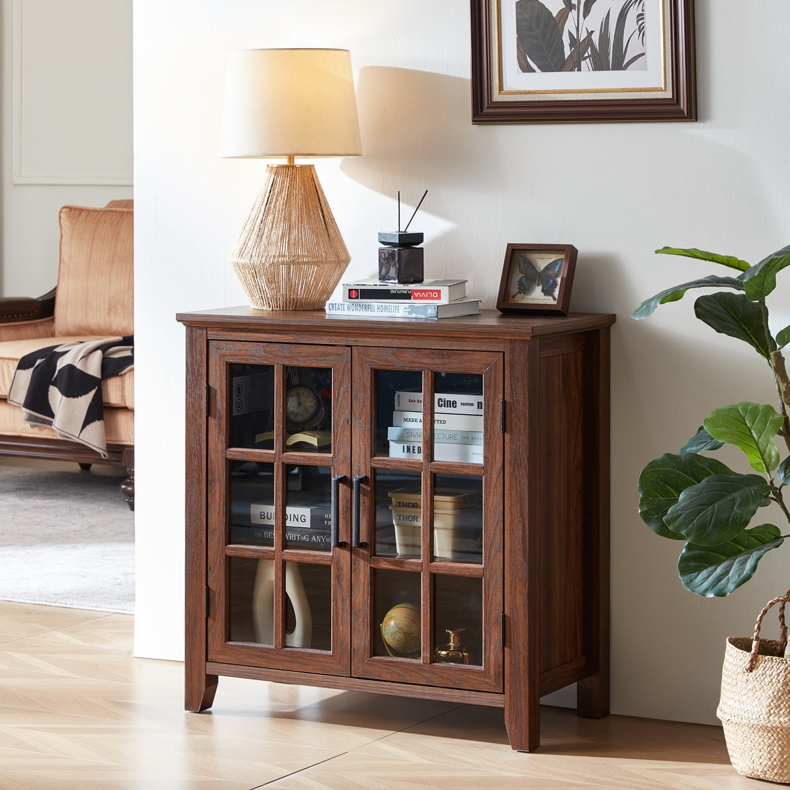31.5" Rustic Buffet Cabinet with 2 Glass Doors, Compact Sideboard Kitchen Storage Cabinets Coffee Bar Cabinet for Living Room, Brown