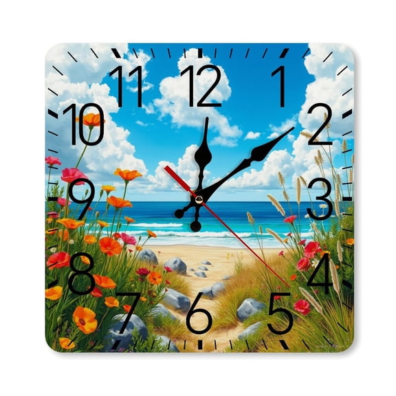 RKSupls 10×10inch Square Silent Wall Clock Wooden Frame, Beach Poppy Flowers Scale Decorative Clock for Home Bedroom Living Room Office