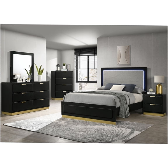 JERFIT 5-Piece Queen Bedroom Set with LED Lights, Modern Wood Platform Bed, Dresser, Mirror, Chest & Nightstand in Black and Gold
