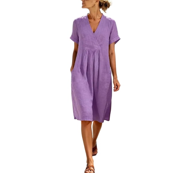AKOEE Women's Summer Dress Cotton Linen Pleated V Neck Boho Beach Knee Length Short Dress with Pockets (2XL, Purple)