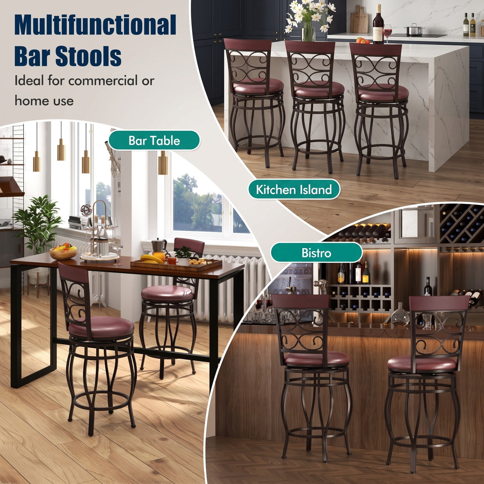 Furnibear Set of 2 26 Inch Swivel Bar Stools with Backrest and Footrest, Vintage Counter Height Metal Barstools with PU Leather Cushioned Seat for Kitchen, Brown