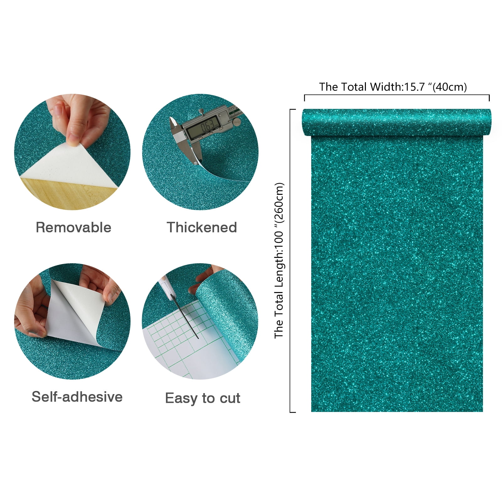 FunStick 40,6 cm x 609,6 cm Licht Teal Glitter Peel en Stick Behang Verwijderbare Teal Glitter Contactpapier voor Kasten Zelfklevende Stof Glitters Behang Roll voor Slaapkamer Muur Laden Planken DIY