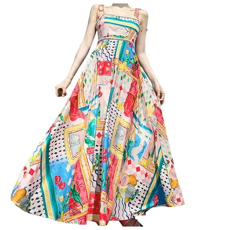 QYZEU Spring Dresses for Women 2024 Casual Sleeveless Tunics Dress Boho Colorful Strap Dress Vacation Beach Long Floral Flowy Maxi Dress Lightweight Dresses for Women Pink 2XL