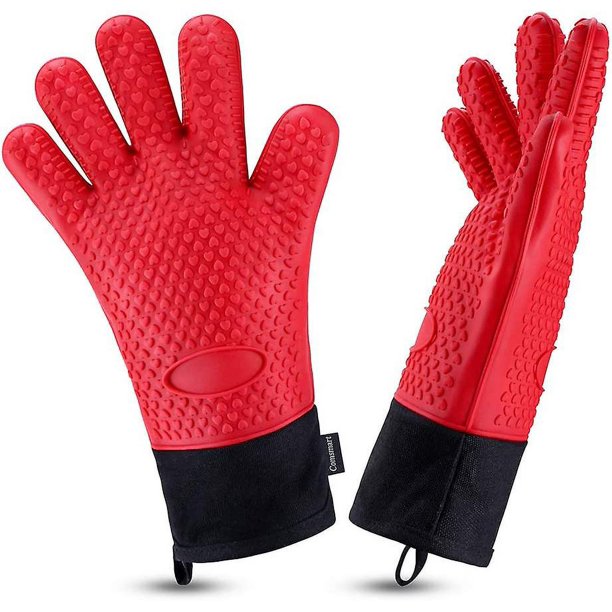 Guantes para barbacoa con utensilios para barbacoa, guantes para hornear de silicona resistentes al calor, guantes largos impermeables para horno de barbacoa con capa interior de algodón para bar