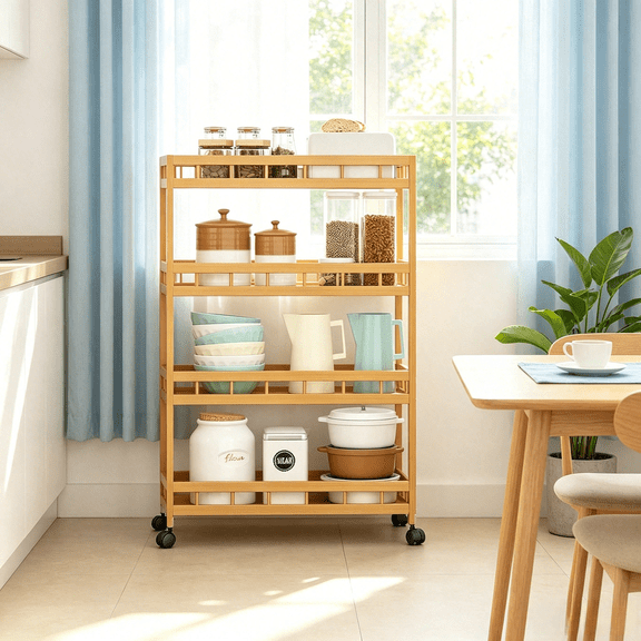 WCHOSOZH Bamboo 4-Tier Slim Rolling Storage Utility Cart with Lockable Wheels, Multi-Purpose, 23.6 x 7.1 x 37.8 in