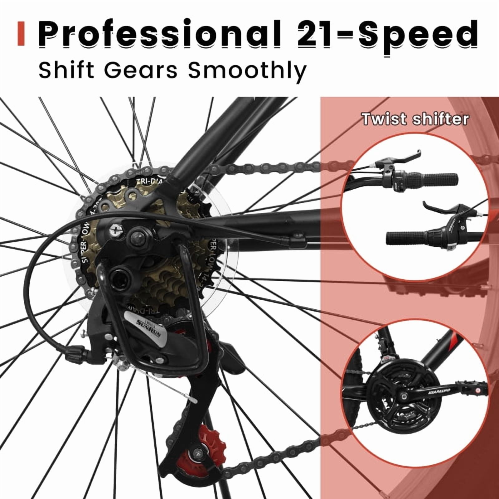 Dcskyn 26" Mountain Bike, Carbon Steel Frame, 21-Speed, Dual V-Brake, Front & Rear Dual Suspension, Adult & Teen Bicycle