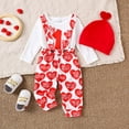 thumbnail image 6 of Valentine's Day Boys Girls Outfit Heart Print Long Sleeve Romper Suspender Pants Hat 3Pcs Baby First Valentines Outfit White 0 Months-3 Months, 6 of 6