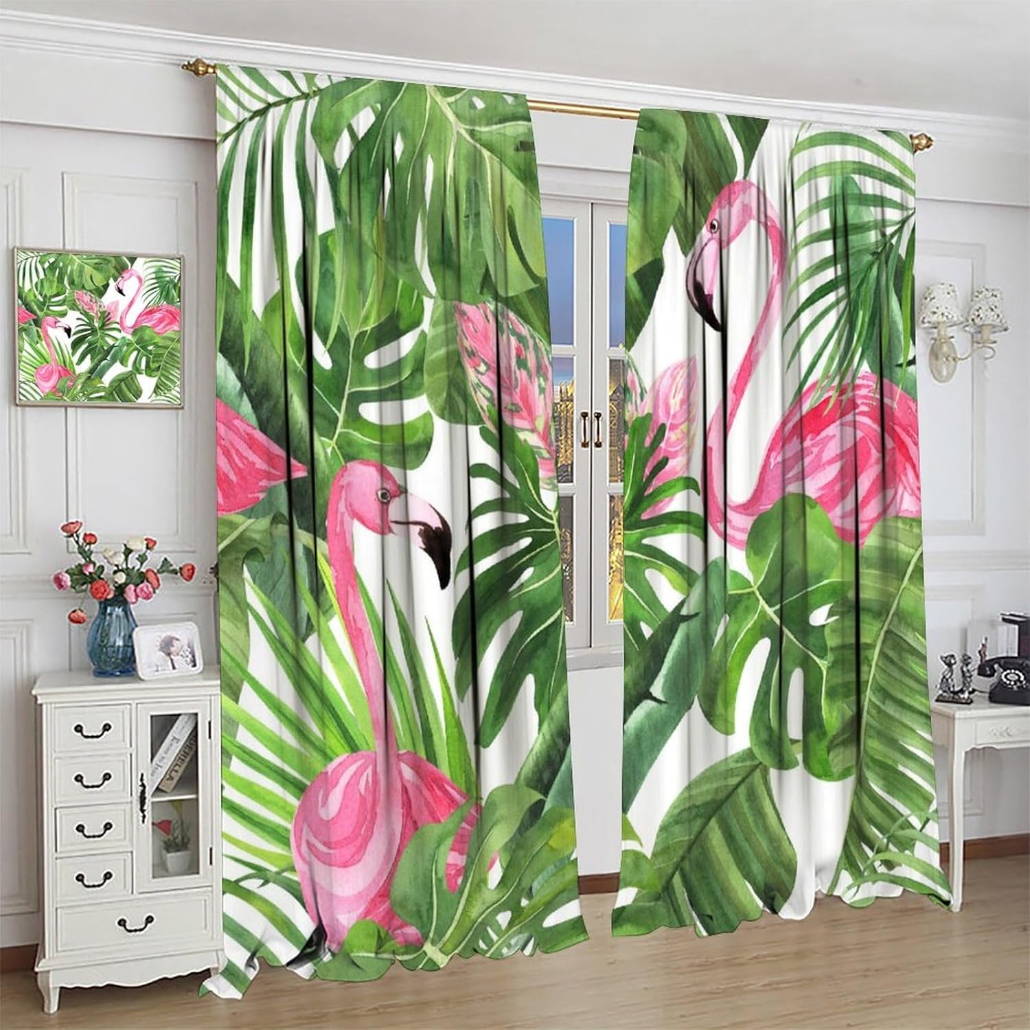 Tropical Curtain Green Botanical and Flamingo Blackout Print Rod Pocket Window Drapes for Bedroom Living Room 52x84in