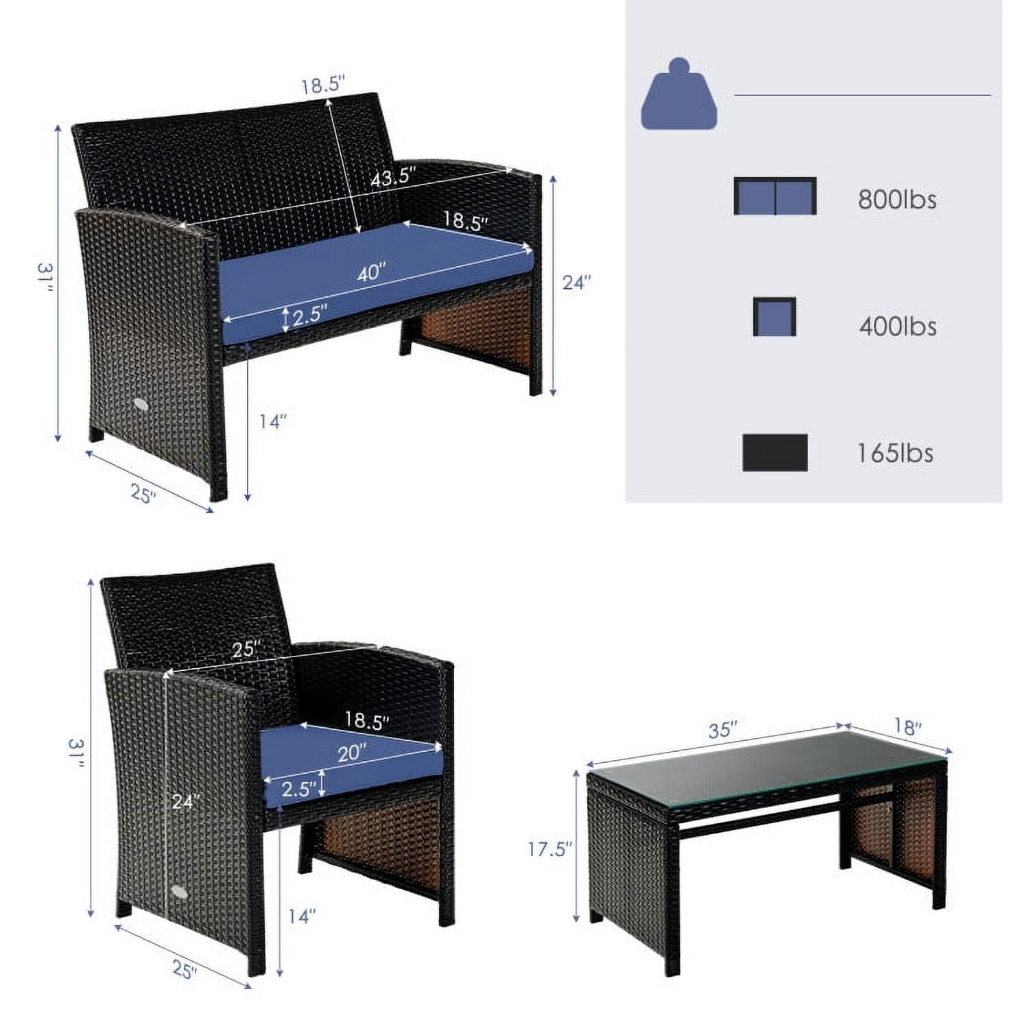 Aimee Lii 4 Pieces Wicker Patio Furniture Set, Coffee Table Cushioned Sofa, Modern Patio Furniture, Navy Aimee Lii 4 Pieces Wicker Patio Furniture Set, Coffee Table Cushioned Sofa, Modern Patio Furniture, Navy