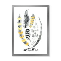 Designart 'Yellow Ethnic Plume Feathers On White' Bohemian & Eclectic Framed Art Print