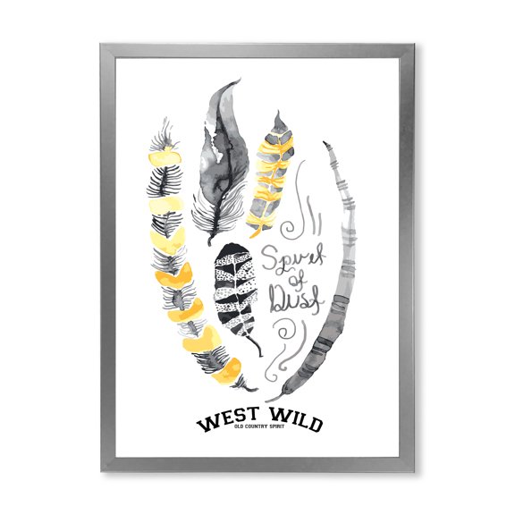 Designart 'Yellow Ethnic Plume Feathers On White' Bohemian & Eclectic Framed Art Print