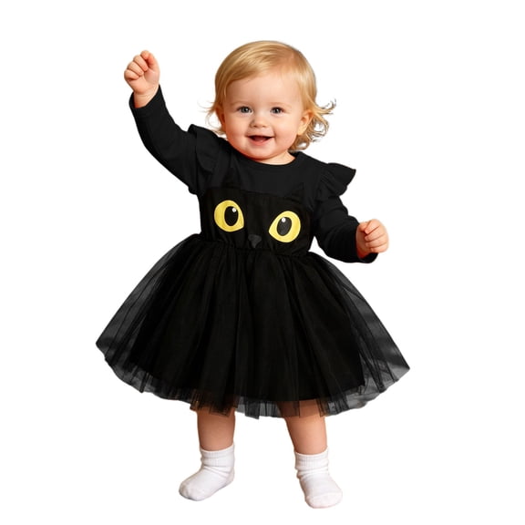 Weebloom Halloween Toddler Girl Dresses Tutu Cat Dress Up Stage Performance Long Sleeve Party Outfit Clothes Dress For Girls Black 2-3 Years
