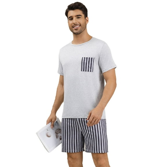 Men's light gray vertical striped short-sleeved short pants casual comfortable home wear set that can be worn outside