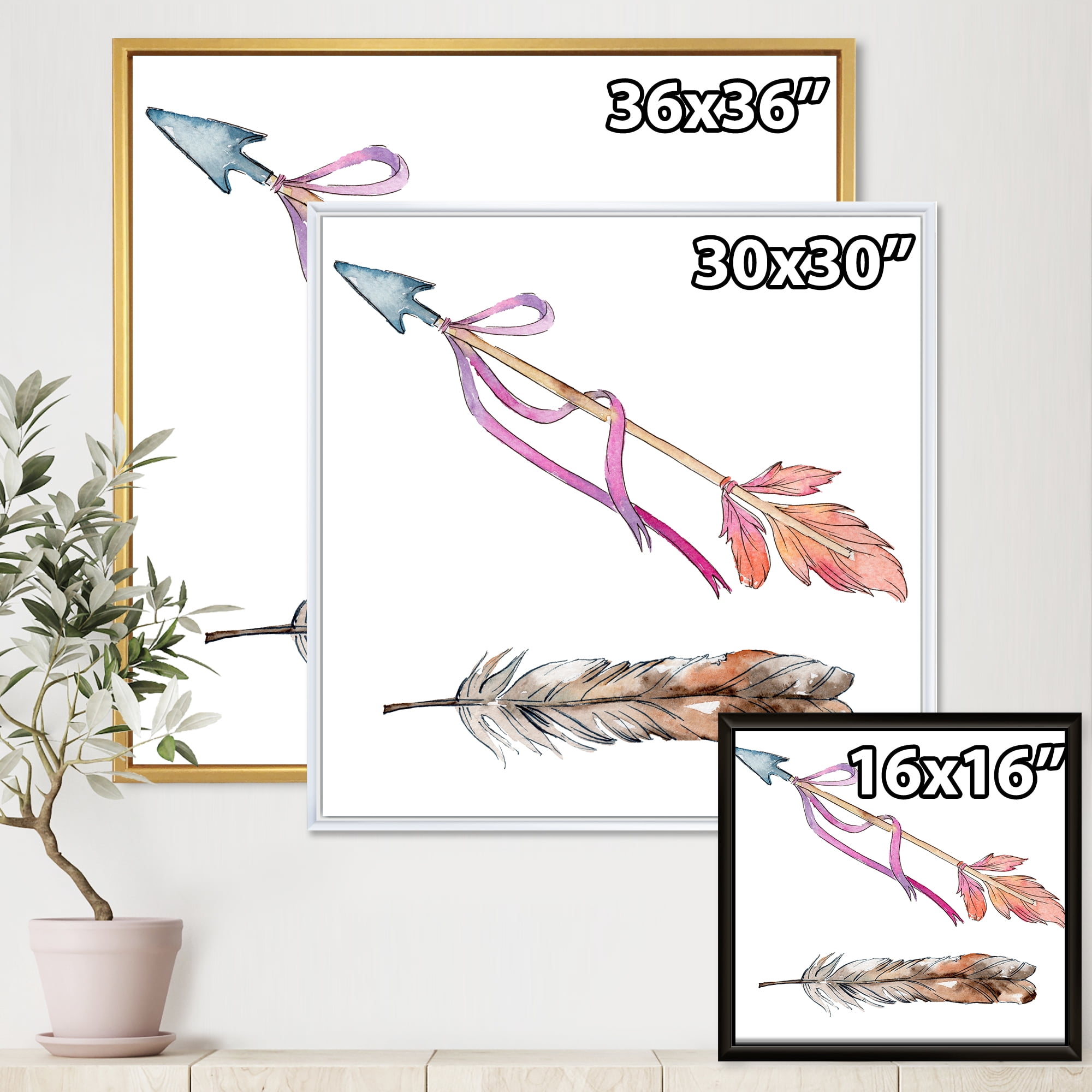 Designart 'Pink Bird Feather From Wing on Arrow' Bohemian & Eclectic Framed Canvas Wall Art Print