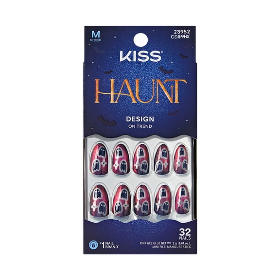 Kiss Core Halloween Press On Nails Almond, ‘Haunted Glow’, Red, Medium, 32 Count