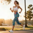 thumbnail image 3 of SCRAWLGOD Tropical Flowers Blue Women's Capri Leggings with Pockets High Waist Tummy Control Crop 3/4 Leggings Slim Breathable Stretch Athletic Cropped Tights, XS, 3 of 7