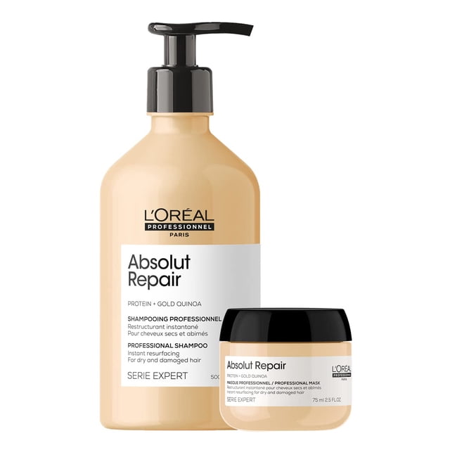 L'Oreal Professionnel Absolut Repair | Kit de reparación shampoo 500ml + mascarilla 75ml | Repara el daño y proporciona brillo al cabello | Con tecnología de quinoa do