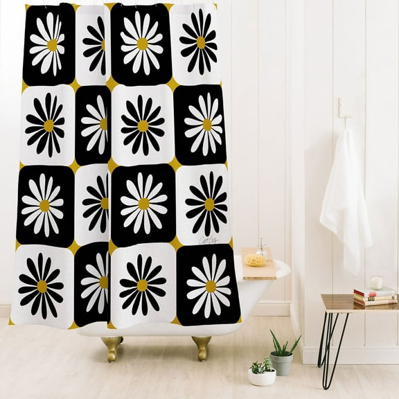 Society6 Cat Coquillette Checkered Daisies Black White Shower Curtain 71" x 74"