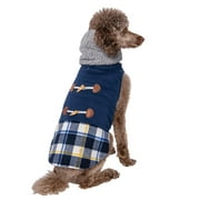 Vibrant Life Pet Jacket for Dogs and Cats: Navy Blue and Plaid Pieced Style with Sherpa Lining and Toggles, Size M